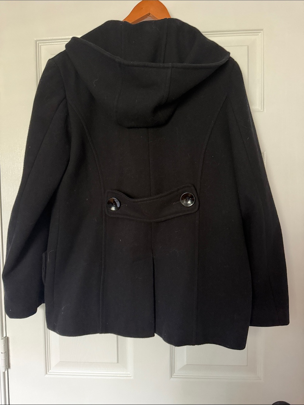 ANDREA Black Hooded Pea Coat with Button-Tab Back
